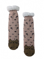 1pk beige with lovely cat head double layer slipper sock